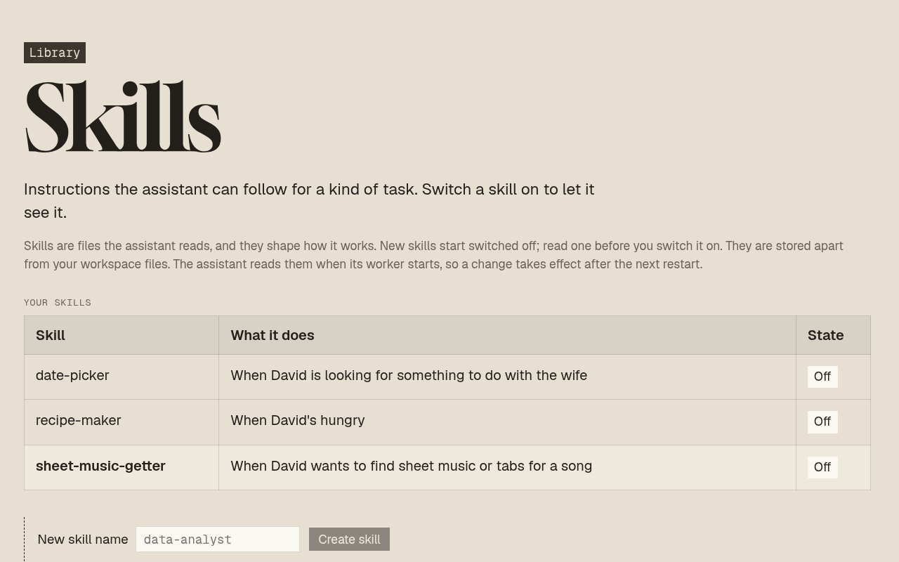 The Skills screen: a table of skills, each switched on or off